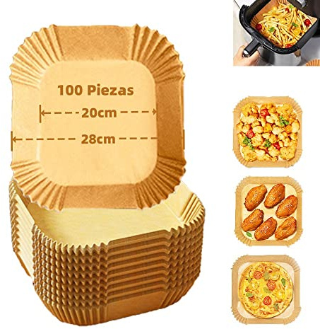 Carta Forno per Friggitrice ad Aria, Teglie per Friggitrice ad Aria Quadrati, 100 Fogli 20cm Friggitrice ad Aria Quadrato Impermeabile Antiolio Carta Forno per 4-8L Padella, Forno, Grill