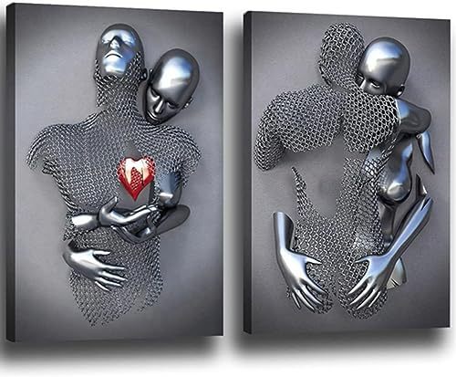3D Liebhaber Skulptur Poster Metall Figur Statue Kunst Leinwand Gemälde Romantisch Abstrakt Poster und Drucke Modernes Wohnzimmer Heimdekoration - Ohne Rahmen (2pcs-60x90cm,Figur-2)