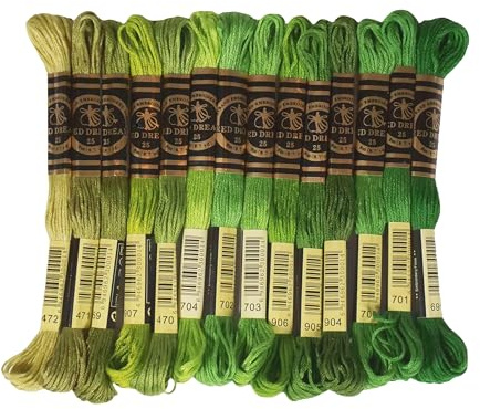 Green Embroidery Thread Set – 14 Skeins, 6 Strand Floss, 8m Each – Premium Cotton Floss for Cross Stitch, Friendship Bracelets, Crafts & Embroidery Projects