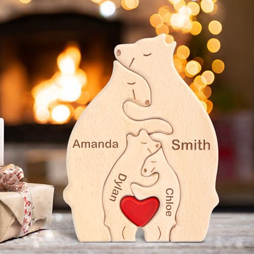 Personalisiertes Holzkunstpuzzle der Bär Familie mit 1-8 Namen, benutzerdefinierte Familienname Skulptur Jigsaw, Tier Dekorativ Ornament Ideen für Geburtstag Weihnachten Jubiläum Muttervatertag