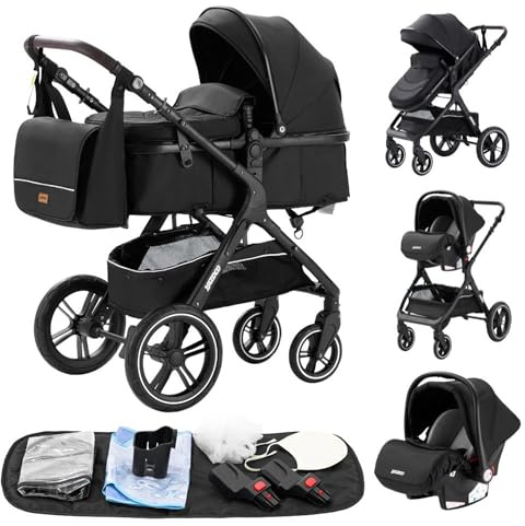 GLOKID 3-i-1 barnvagn, sockervagn, trekant, med tillbehörssits, universella adaptrar, barnvagn upp till 25 kg, 4 hjul med stötdämpare, spjälsäng, stora hjul, vikning med ett klick (X1 svart)