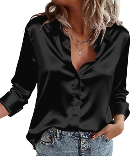 Zeagoo Chemisier Femme Satin à col en V La Soie Élégante Blouse Chic Manches Longues Chemise Boutons Ample à Manches Longues Chemisier de Soirée Business Top Noir S