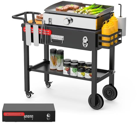 LS'BABQ Table de barbecue portable d'extérieur, support pliable pour barbecue Blackstone 43,2 cm/55,9 cm, chariot de préparation pour barbecue de camping, grand espace avec roues