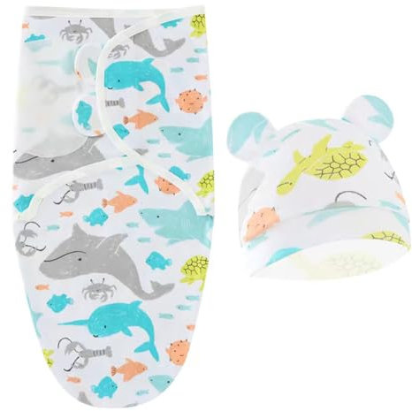 Asudaro Pucksack mit Mütze,Hut Stirnband mit Wickeldecke,Neugeborenenwickel Baby,für Jungen Mädchen Baby Schlafsäcke, Baumwolle Wickeldecke für Neugeborene Jungen Mädchen(großer Blauwal)