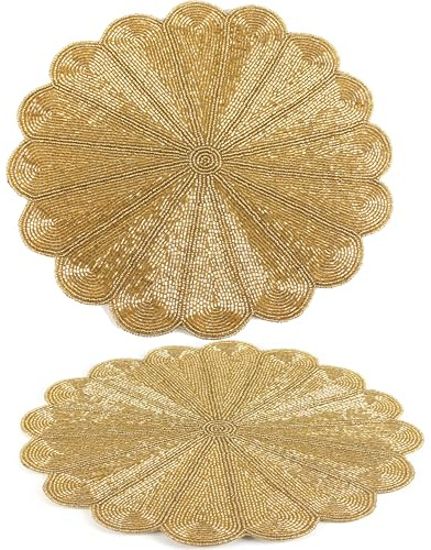 Round Table Mats Set of 2, Beaded Placematss for Dining Table, 13 Inches Beaded Placemats for Farmhouse Decor and Kitchen Table Décor, Dining Tables, Non-Slip Place mats, Gold - ALPHA Living HOME