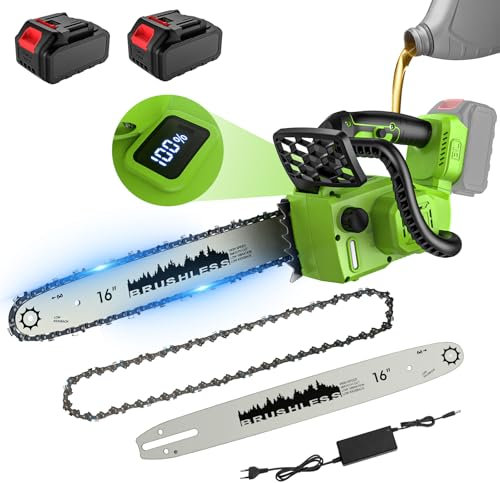 Motosega a Batteria 16 Pollice, Motosega Elettrica Senza Fili con 2 Batterie 4,0 Ah, Lubrificazione Automatica & Tensione a Catena Senza Strumento, Motore senza Spazzole, per Potatura e Taglio Legno