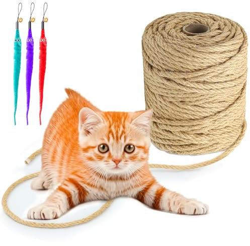 Kulamo Corde Sisal 9mm x 50M, Corde Arbre à Chat avec 3 Jouets Souris, Corde en Sisal Naturel Meilleure Qualité, Corde pour Arbre à Chat pour Remplacement, Jardinage DIY, Décoration de Maisons
