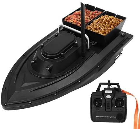 TkkMivcOC Fishing Bait Boat, 500m Wireless Smart Carp Dual Bait Release Boat with LED Night Lights, Auto Cruise, 4.41lbs (2kg) Loading Hopper, Remote Control, Wind & Wave Resistant, Black
