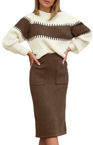 Conjunto de punto para mujer de dos piezas de jersey y falda - Elegante conjunto con rayas de bloque y mangas de globo | Combinación de punto acanalado para otoño e invierno, M
