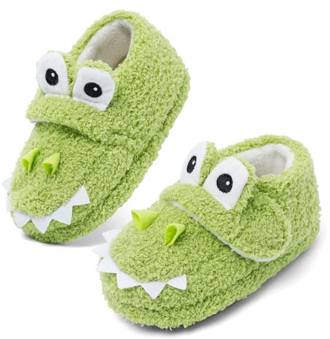 LACOFIA Chaussons Garçon Fille Pantoufles Peluche Hiver Enfant Chaussures Doux de Maison Antidérapantes Crocodile Vert 24/25