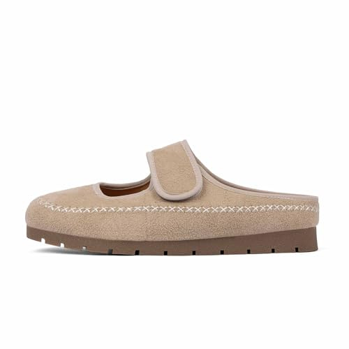 QIY Womens Clogs and Mules Slippers Camel Suede Khaki Mary Janes for Women Flats Tan Slides Walking Office Casual Shoes Dressy Business Size 7