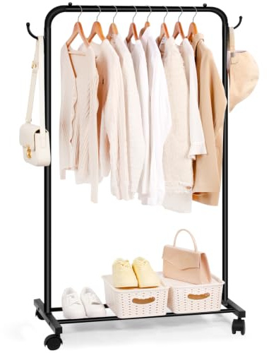 Relquorax Porte-vêtements sur roulettes, tringle à vêtements avec grille de rangement, porte-manteau en métal robuste pour vêtements, manteaux, noir