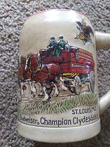 Vintage -1980 BUDWEISER Champion Clydesdales STEIN (approx. 5 Tall) - CS19 - FIRST ISSUE Holiday Series STEIN - by CERAMARTE (Made in Brazil) / (Anheuser-Busch)