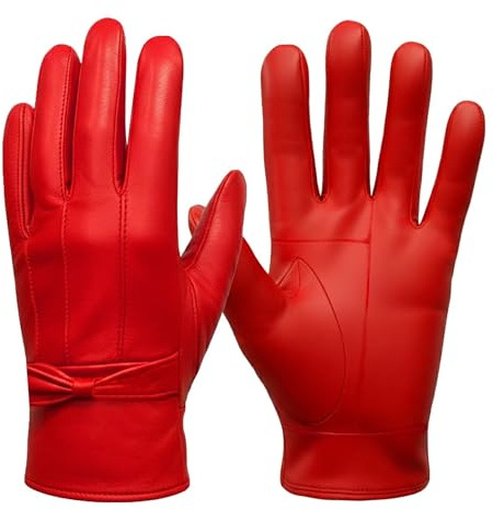 SiXsigma Sports Ladies Winter Driving Leather Gloves Women - Quick Dry Soft Fleece Lined Thermal Gloves Womens Perfect For Driving Glove's - Ideal Gifts For Women (Red, Medium/Large)