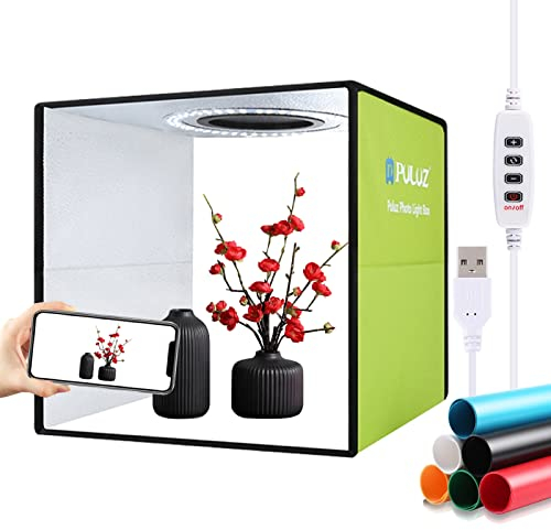 PULUZ Caja de luz fotográfica, 30 cm Kit de Tienda de luz de Disparo de fotografía, CRI > 95 iluminación Blanca Softbox con 112 Luces LED + 6 Fondos de Fotos para la visualización del Producto