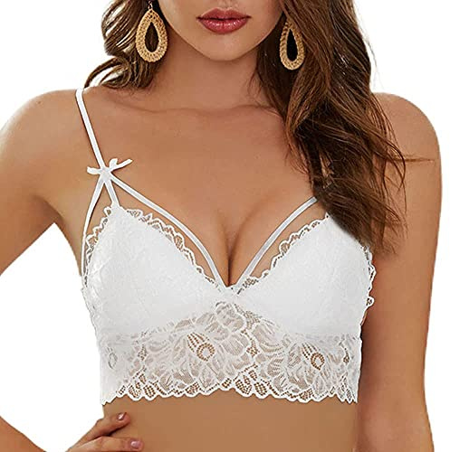 SHEKINI Dam BH avtagbara kuddar bh utan bygel spets bralette triangel bh justerbar dubbel smal axelrem banddekoration, Vit, 6074, S