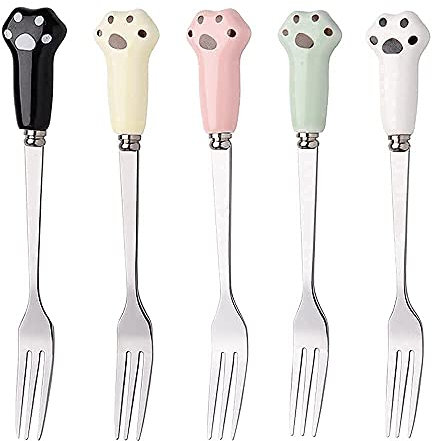 6 Stück Set Keramikgriff Edelstahl Obstgabel kreativ süß Obst Dessert Gabel Katze Kralle Kuchen Gabel Essen Obst kleine Gabel Dessert Gabel Salatgabel schöne bunte Edelstahlgabel