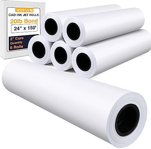 VOISEN Wide Format Paper,6 Rolls Plotter Paper 24 In x 150 Ft, CAD Bond Rolls,20lb,Bond Paper on 2 Core for CAD Printing on Wide Format Ink Jet Printers