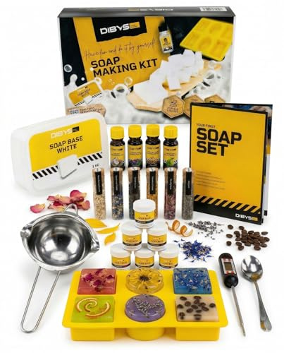DIBYS Kit para hacer jabónes artesanales para niños y adultos | Base de glicerina blanca sin SLS | Juego de elaboración de jabón con aceites aromáticos, colores y hierbas | Set de bricolaje