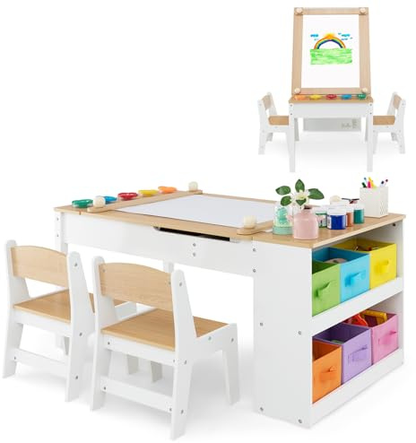 DREAMADE Table à Dessin et 2 Chaises en Bois Enfants,Bureau d'art Tout-Petits avec Plateau Inclinable&6 Tiroirs en Tissu&5 Palettes&Rouleau de Papier,Charge 91+75KG(Naturel)