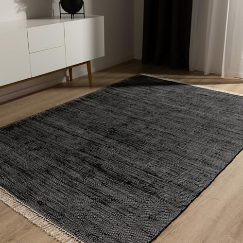 benuta Basic Baumwollteppich Tom - Schwarz 80x150 cm - Handgewebter Wohnzimmer Teppich - 100% Recycelte Baumwolle - Für Fußbodenheizung geeignet