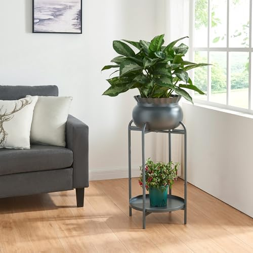 [en.casa] Blomstativ Altena växtstativ med blomkruka och hylla metall svart växthylla 60 x 27 x 27 cm blompelare för inomhus blomkruksstativ