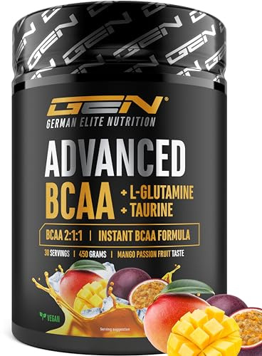 Advanced BCAA Pulver 450 g - 2:1:1 Aminosäuren mit L-Glutamin & Taurin - Instant BCAA, sehr gute Löslichkeit & Geschmack - Vegan - 30 Portionen (Mango Passionsfrucht)