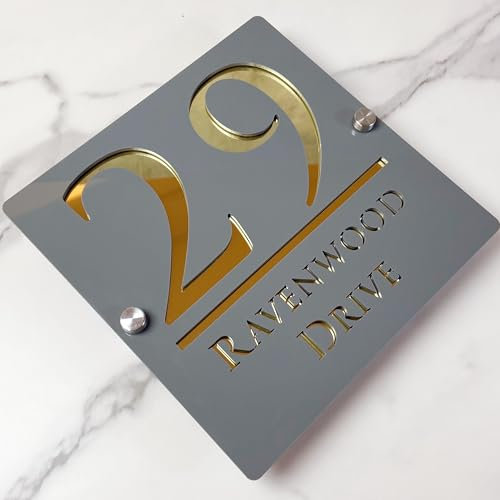 Letrero de número de casa de suspendido hueca 3D acrílico personalizado con nombre de calle fuente moderna | Señal de dirección de tienda placa puerta (Gris&Oro)