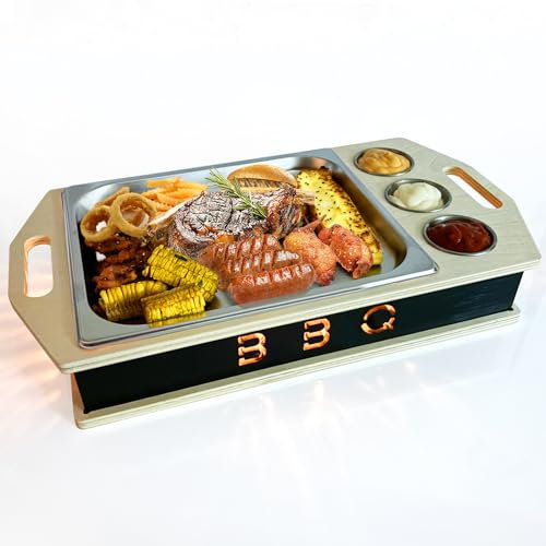 BBQ Board zum Warmhalteplatte, Fleischwarmhalter mit Edelstahl Grill Plate für Grillen, Speisenwärmer mit Kerzen, Grillgut Stövchen, Warmhaltebehälter Grillgut, Warmhaltebox Grillparty (Kein Teelicht)