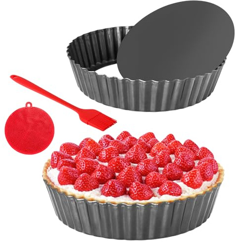 Quyimy 2PCS Quiche Tins 24cm Pie Quiche Dish with Loose Basee, 5.8cm Deep Round Tart Pie Tin Carbon Steel Fluted Flan Tin, 9 inch Cake Tin with Oil & Dish Brush