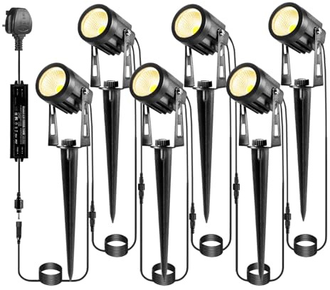 IRISECO 6 in 1 Garden Spot Lights Mains Powered, Upgraded Aluminium LED Garden Spike Lights, 21M Extendable 12V Low Voltage Outdoor Uplighters, IP65 Waterproof Path Lighting for Pathway Yard Lawn