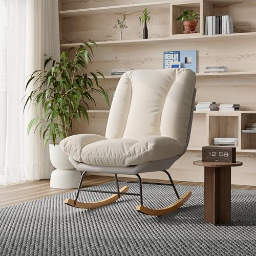 Sedia a dondolo, poltrona allattamento con inclinazione regolabile in 5 posizioni, in lino e panno tecnico, colori beige e grigio, adatto per cameretta, soggiorno, terrazza e camera da letto (B)