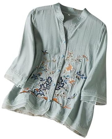 Cocila Chemisiers De Travail pour Femmes Bureau Professionnel Manches Longues Chemisier Brodé en Coton Et Lin Femme Style Bohème 3/4 Tunique Élégante Long Blouse Top Chemise Col Chic Élégant