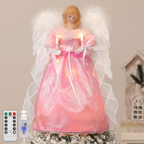 Lewondr Topper pour Sapin De Noël Ange, 12'' Ange Lumineux pour Sapin avec Ailes Et Bougie, 8 Modes Et Minuterie 6H USB Et Télécommande Décor De Noël pour Décoration De Maison, Rose