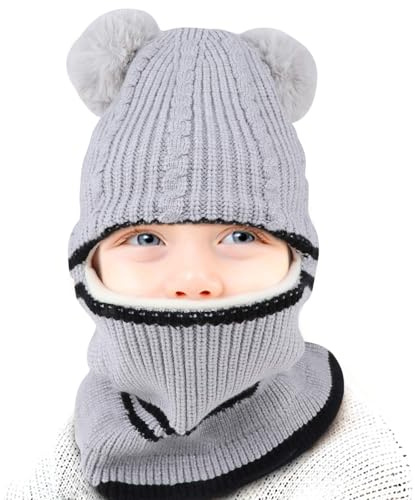 QKURT 1 st barn vinter balaklava, småbarn tjock vinter balaklava mössa hattar varm stickad mössa halsduk halsvärmare termisk fleecefoder stickad mössa med 2 fluffiga bollar för pojkar flickor 2-6, Grå