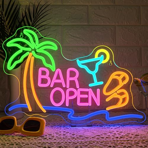 ineonlife Bar Open Neon Led, Palma Abierta Luces Neon,Bar de Cócteles Abierto Letrero Led,Letrero Luminoso para Hawai Bars,Bars de Cócteles,Pub,Club,Taberna de playa
