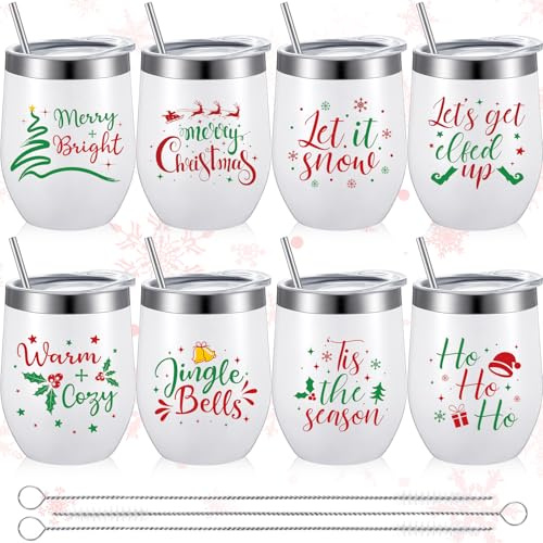 Umigy 8 Pieces Christmas Wine Tumbler Set 12 oz Xmas Funny Stemless Insulated Coffee Tumbler Cup Mug with Straw and Brush for Holiday Birthday New Year Party Gift Supplies (Classic)