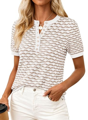 PRETTYGARDEN Womens Knit Summer Tops Button Short Sleeve Sweater Casual Crewneck Chevron Henley Shirts Dressy Work Blouses(Khaki White,Medium)
