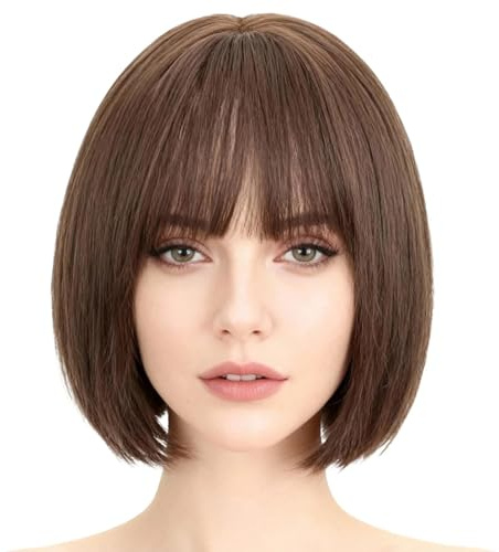 Parrucca Nera 28 cm Caschetto con Frangia – Bob Sintetico Naturale per Uso Quotidiano, Cabaret, Feste a Tema, Carnevale, Halloween e Costumi