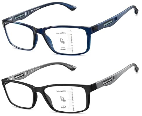 Missfive 2 Pack Lightweight Varifocal Reading Glasses TR90 Progressive Glasses Men, Blue Light Blocking Multifocus Eyeglasses, 2.5x