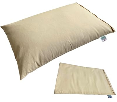 Brow Farm Buckwheat Hull Pillow WITH EXTRA CASE– Standard UK Size (60×44×12 cm) | Adjustable Loft | 100% Cotton Zip Cover | Natural, Breathable Support