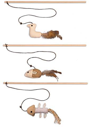 ecoworks Premium Katzenspielzeug |natürliche robuste Spielangel mit Maus | Stofftier 3er Set zur Katzenbeschäftigung | Kratzspielzeug | Geschenkbox | interaktives Zubehör | natürlichen Fasern & Federn
