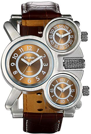 JewelryWe Mens Military Three Time Zone Quartz Watch Big Face Leather Strap Wrist Watch
