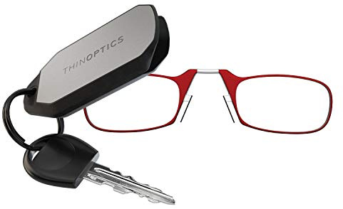 ThinOptics Lunettes de lecture 2,50 monture rouge avec étui porte-clés – Lunettes rectangulaires compactes pliables – Nez à clipser – Force 2,50 avec technologie Flex-Fit