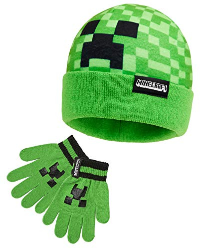 Minecraft Winter Accessories Set for Boys & Teens 6-14 Years, 1 2 or 3 Pcs Set, Scarf Winter Hat & Gloves, Gifts for Gamers (6-14 Years, Green Hat & Gloves)