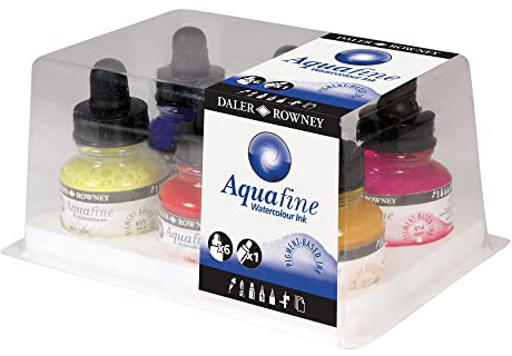 Daler Rowney Aquafine set 6 flaconi di inchiostri acrilici acquerellabili da 29,5ml e 1 marcatore