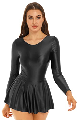 TiaoBug Damen ÖL Glanz Kleid Langarm Skaterkleid Stretch Nylon Ballettkleid Tanzkleid mit Faltenrock und Innenslip Eiskunstlauf Bekleidung Schwarz XL