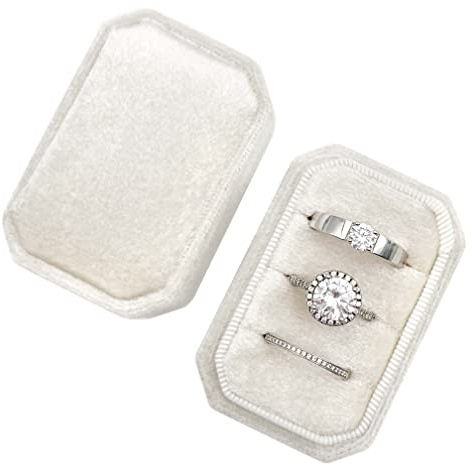 Beatilog Octagonal Rectangle Velvet Ring Box 3 Slots - Premium Handmade Wedding Three Rings Bearer Holder Vintage Orthogon Jewelry Storage for Ceremony Proposal Engagement