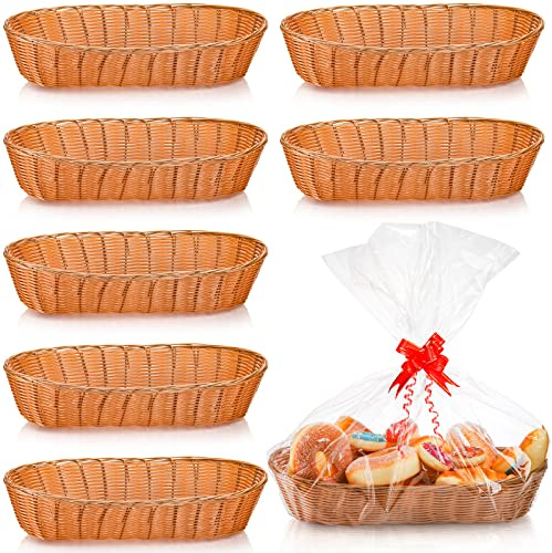 Yesland 8 Pack Long Poly-Wicker Bread Basket, 15 Inch Plastic Oval Basket Woven Food Storage Basket and Fruit Vegetables Serving Basket Bin for Kitchen, Restaurant, Centerpiece Display, Brown