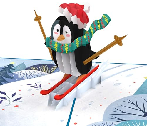 papercrush® Biglietto pop-up natalizio pinguino sugli sci [NUOVO!] – Divertente biglietto di Natale 3D per bambini, donne e sciatori, biglietto di compleanno natalizio per ragazze, ragazzi,